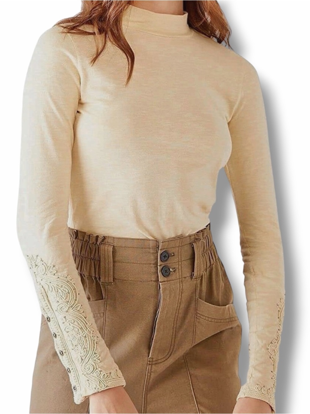 Free People We The Free Hooked On You Embroidered Cuff Top Size Large Wheat